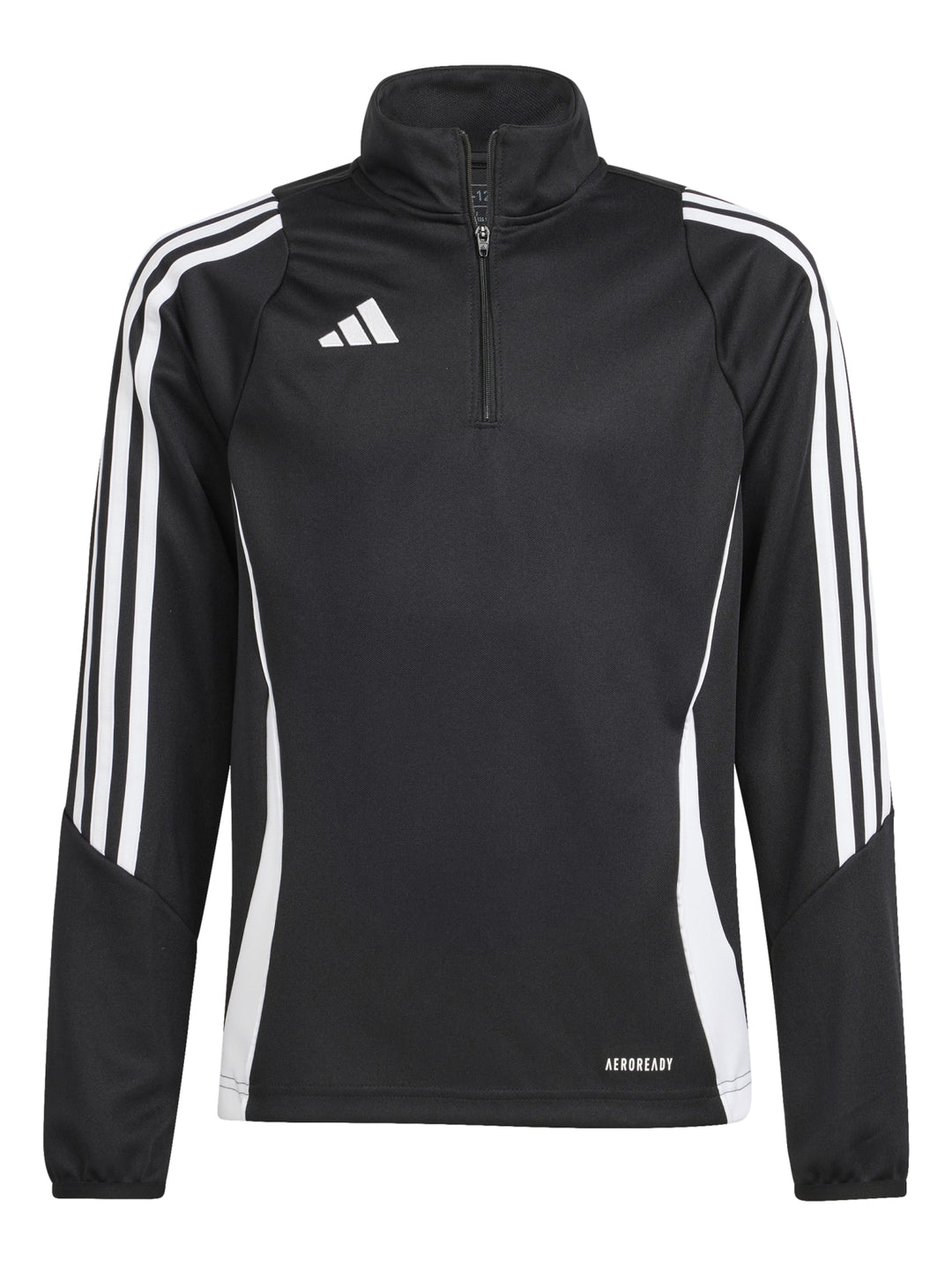 Chaqueta deportiva Adidas negra con rayas y paneles laterales blancos y cierre parcial en el cuello.