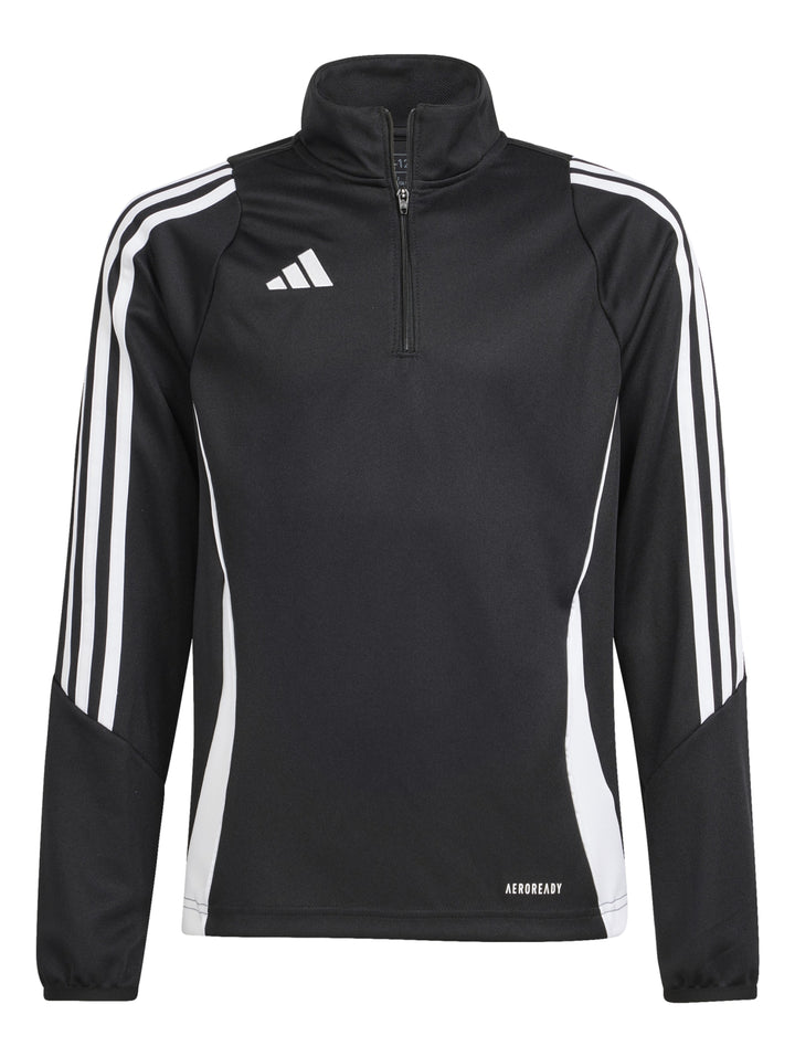 Chaqueta deportiva Adidas negra con rayas y paneles laterales blancos y cierre parcial en el cuello.