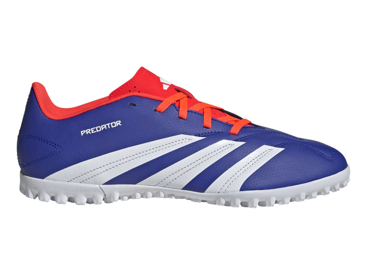 Zapato de fútbol Adidas Predator color azul con franjas blancas y detalles en rojo, suela para pasto sintético.
