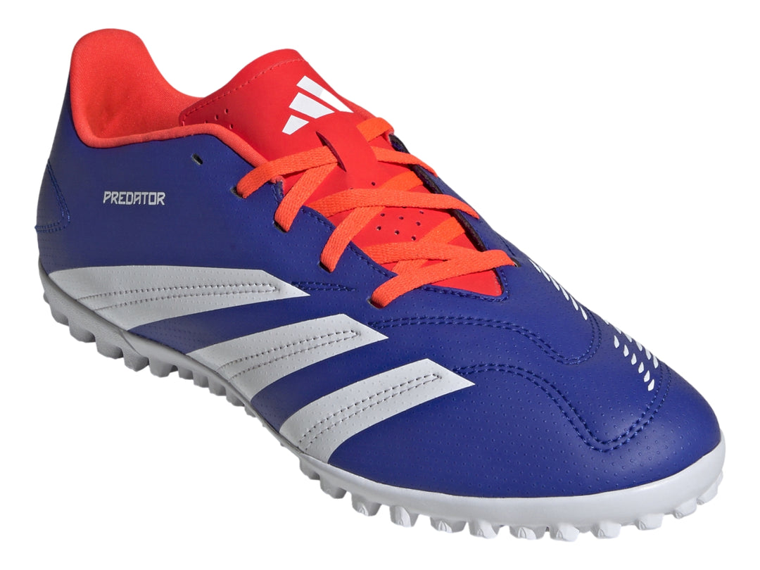 Zapato de fútbol Adidas Predator color azul con franjas blancas y detalles en rojo, suela para pasto sintético.