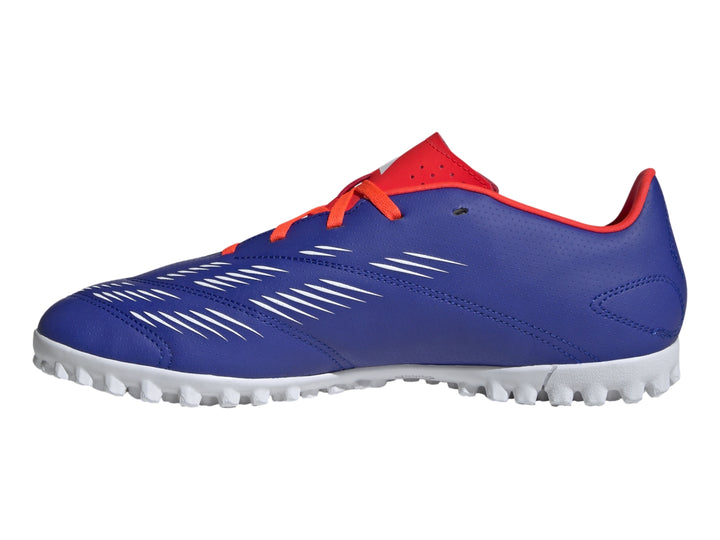 Zapato de fútbol Adidas Predator color azul con franjas blancas y detalles en rojo, suela para pasto sintético.