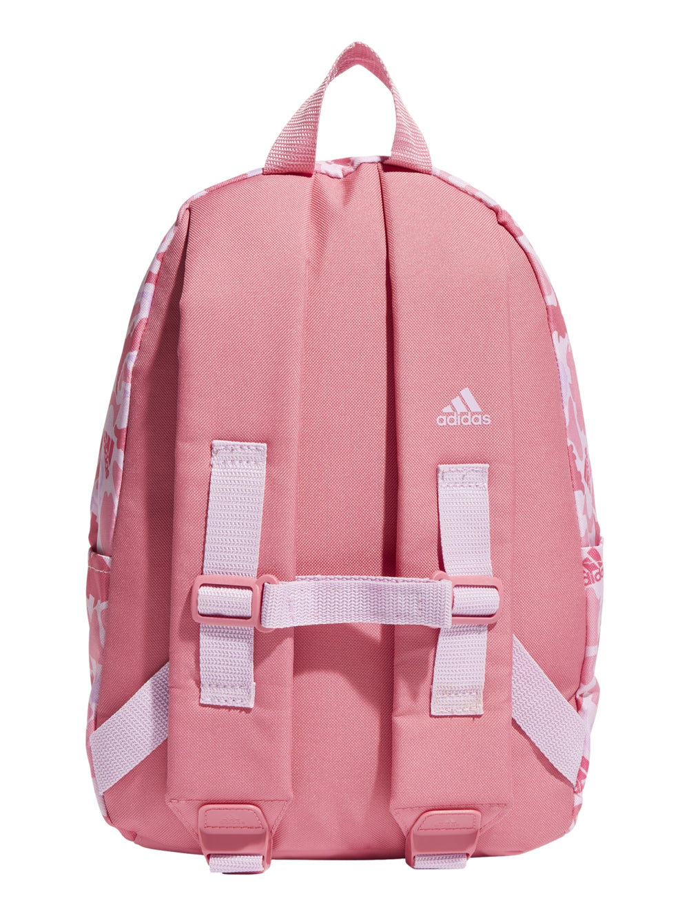 Mochila escolar Adidas para Niño en color rosa con estampado camuflaje y logotipo blanco.