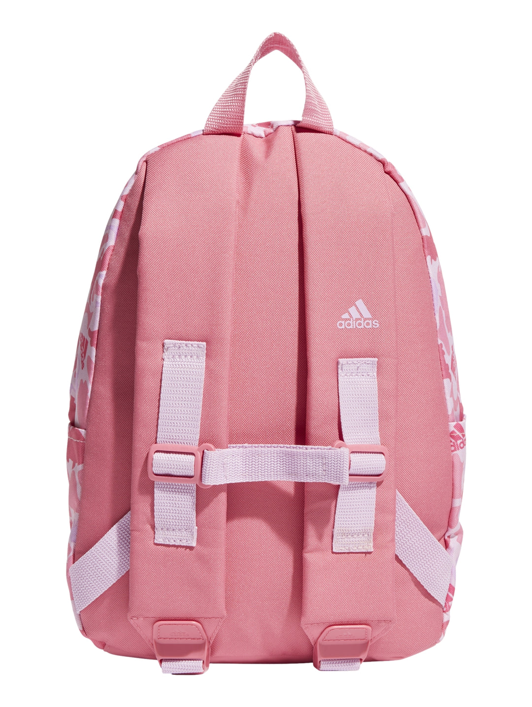 Mochila escolar Adidas para Niño en color rosa con estampado camuflaje y logotipo blanco.
