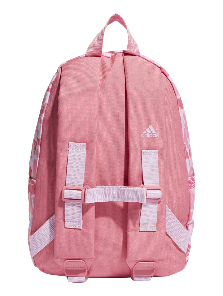 Mochila escolar Adidas para Niño en color rosa con estampado camuflaje y logotipo blanco.