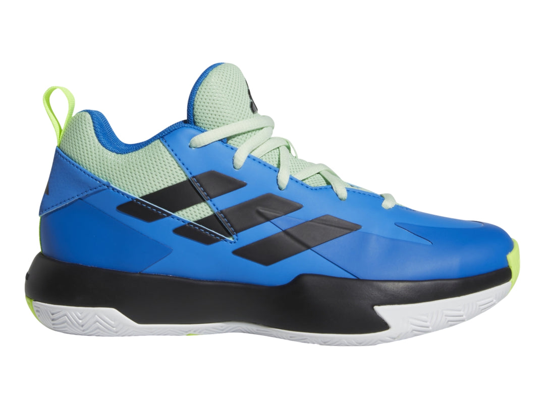 Tenis de baloncesto Adidas color azul con franjas negras y detalles en verde neón.