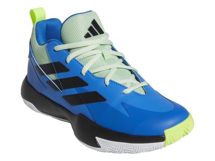 Tenis de baloncesto Adidas color azul con franjas negras y detalles en verde neón.