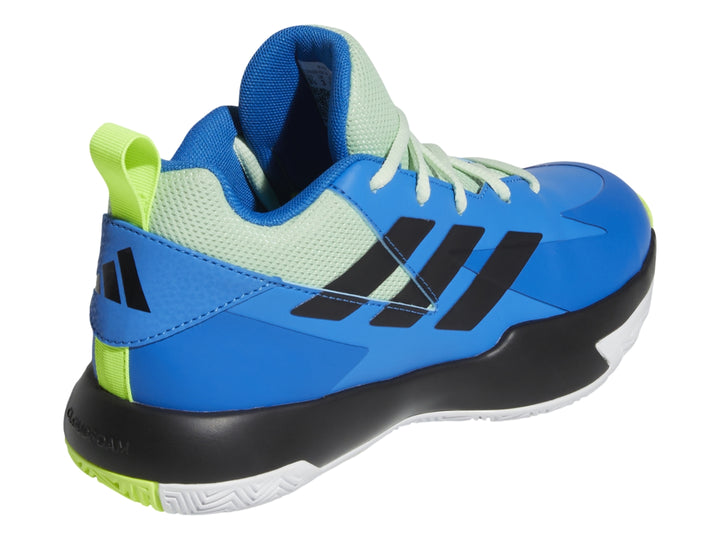 Tenis de baloncesto Adidas color azul con franjas negras y detalles en verde neón.