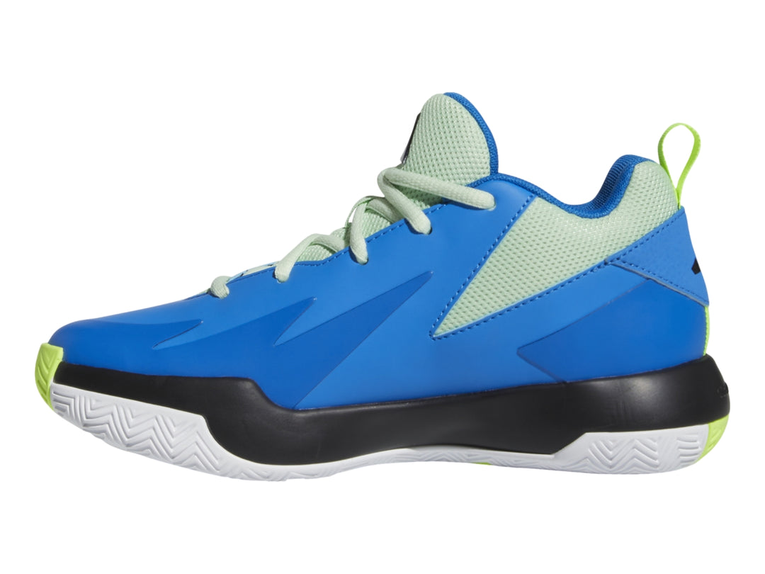 Tenis de baloncesto Adidas color azul con franjas negras y detalles en verde neón.