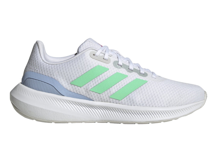Tenis Adidas Runfalcon 3.0 en color blanco con detalles en verde menta y azul claro para mujer.