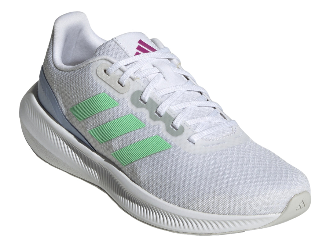 Tenis Adidas Runfalcon 3.0 en color blanco con detalles en verde menta y azul claro para mujer.