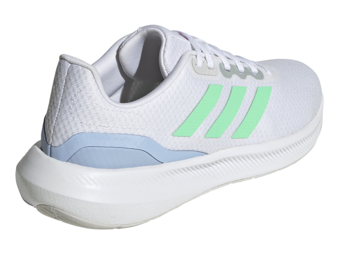 Tenis Adidas Runfalcon 3.0 en color blanco con detalles en verde menta y azul claro para mujer.