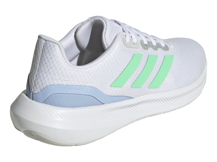 Tenis Adidas Runfalcon 3.0 en color blanco con detalles en verde menta y azul claro para mujer.