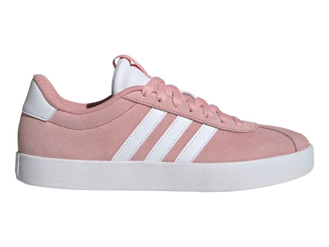 Tenis Adidas VL Court 3.0 en color rosa con franjas y suela blanca.