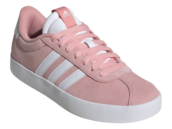 Tenis Adidas VL Court 3.0 en color rosa con franjas y suela blanca.