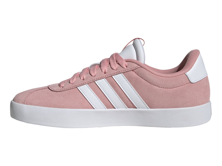 Tenis Adidas VL Court 3.0 en color rosa con franjas y suela blanca.