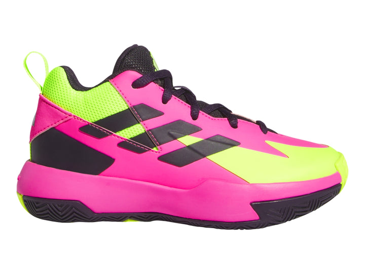 Tenis de baloncesto Adidas en colores rosa, amarillo y negro.