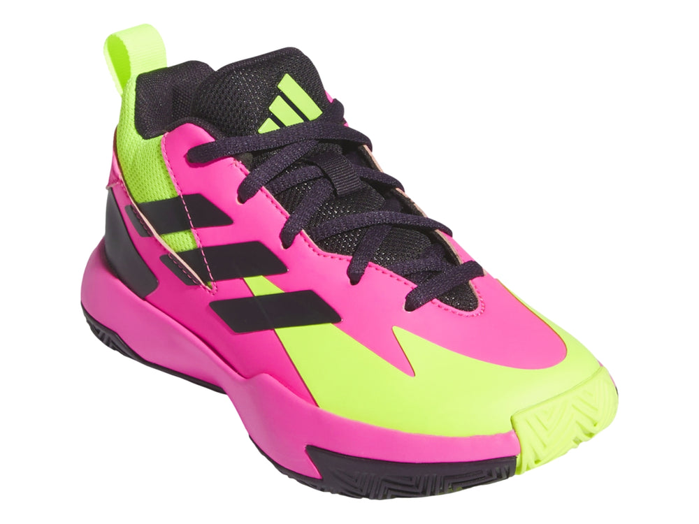 Tenis de baloncesto Adidas en colores rosa, amarillo y negro.