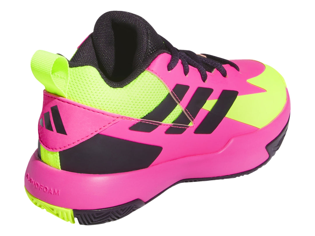 Tenis de baloncesto Adidas en colores rosa, amarillo y negro.