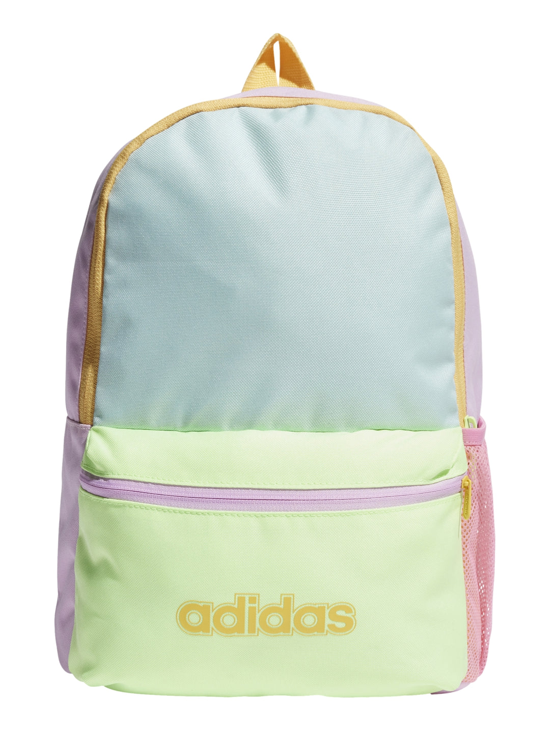 Mochila Adidas multicolor en tonos azul aqua, verde neón y lila con logotipo amarillo al frente.