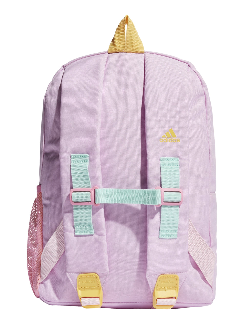 Mochila Adidas multicolor en tonos azul aqua, verde neón y lila con logotipo amarillo al frente.