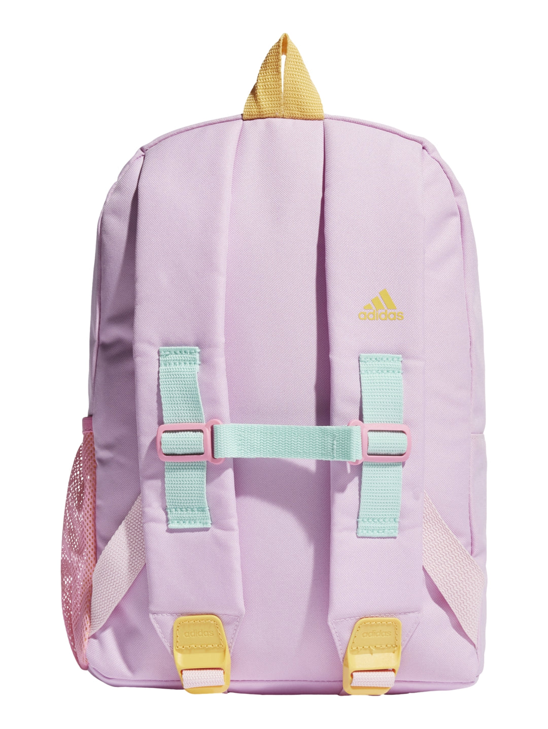 Mochila Adidas multicolor en tonos azul aqua, verde neón y lila con logotipo amarillo al frente.