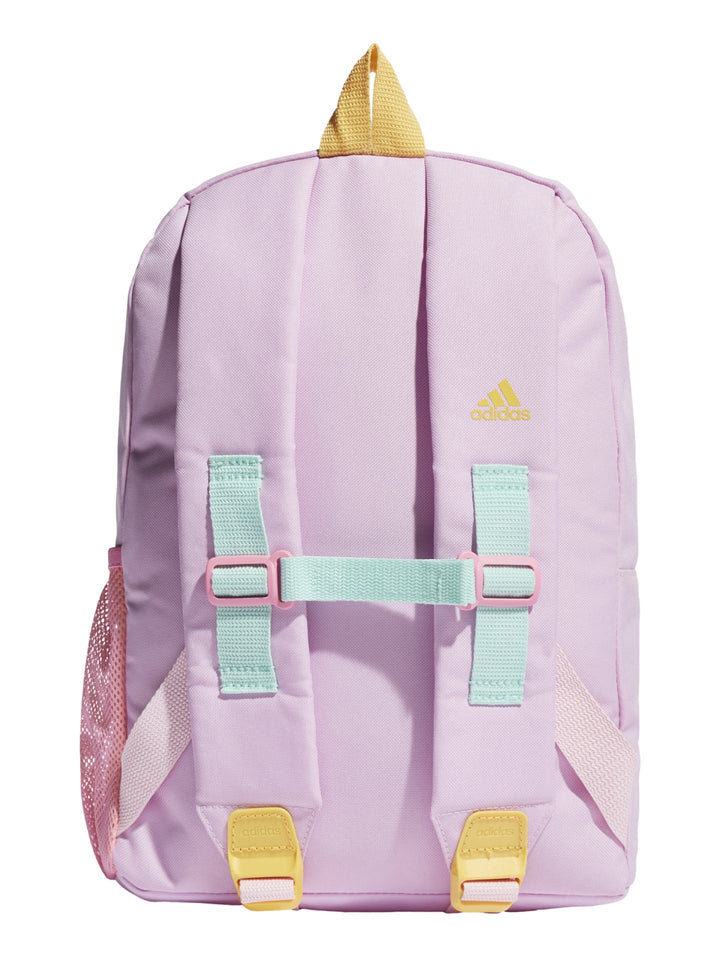 Mochila Adidas multicolor en tonos azul aqua, verde neón y lila con logotipo amarillo al frente.