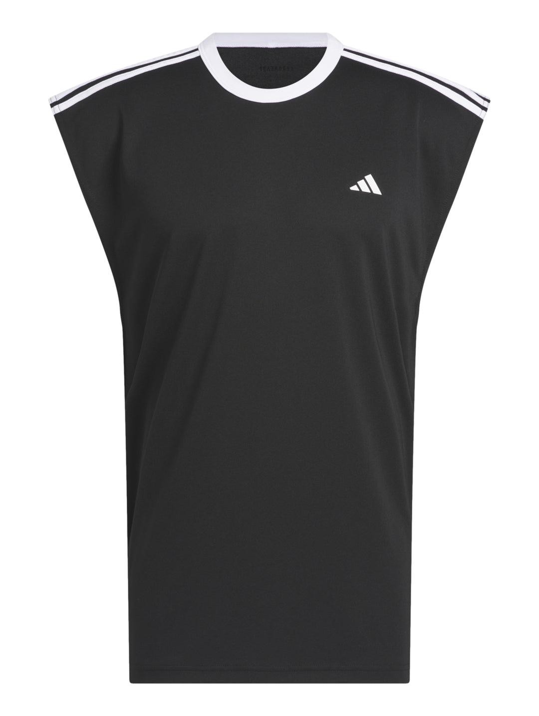 Hombre vistiendo camiseta deportiva sin mangas color negro con detalles blancos de la marca Adidas.
