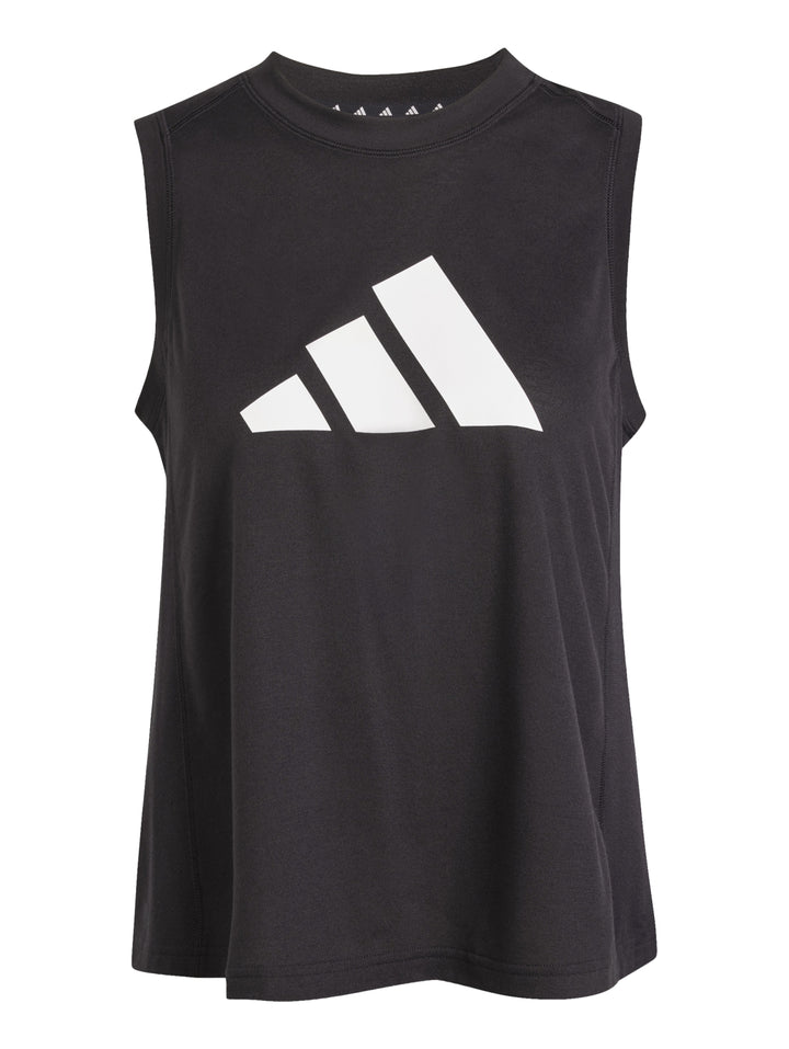 Camiseta deportiva sin mangas color negro con logo blanco de Adidas en el pecho.