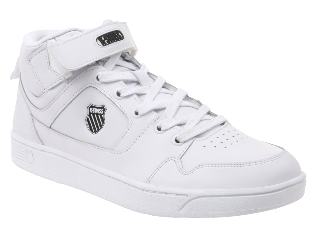 Tenis K-Swiss Urban Court blancos de corte medio con agujetas y correa en el tobillo.