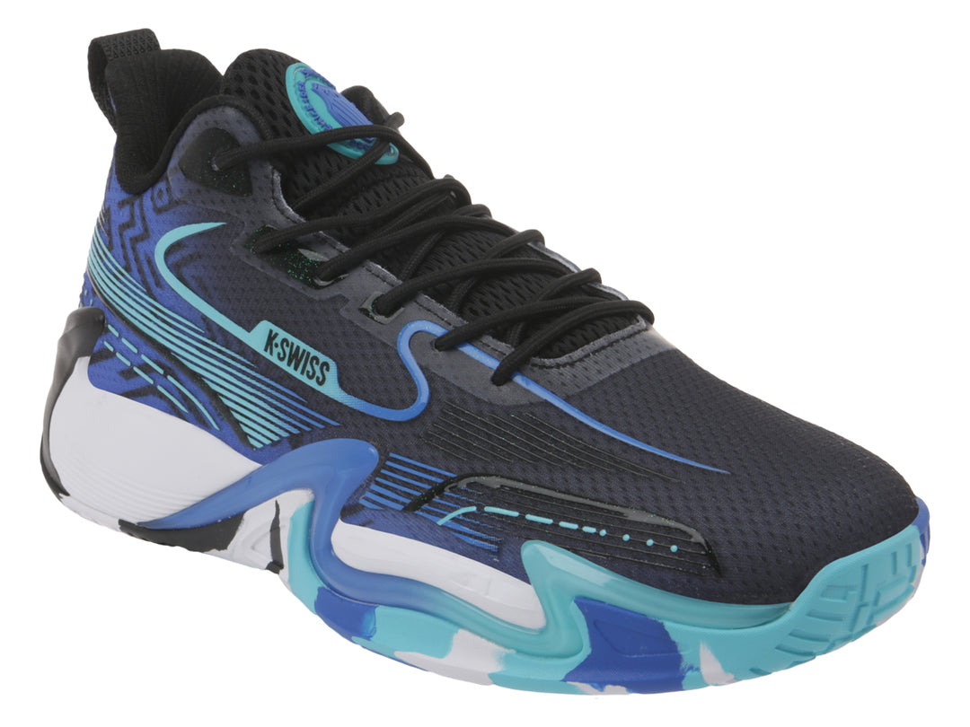 Tenis deportivos K-Swiss en colores negro, azul y blanco con suela robusta y diseño moderno.