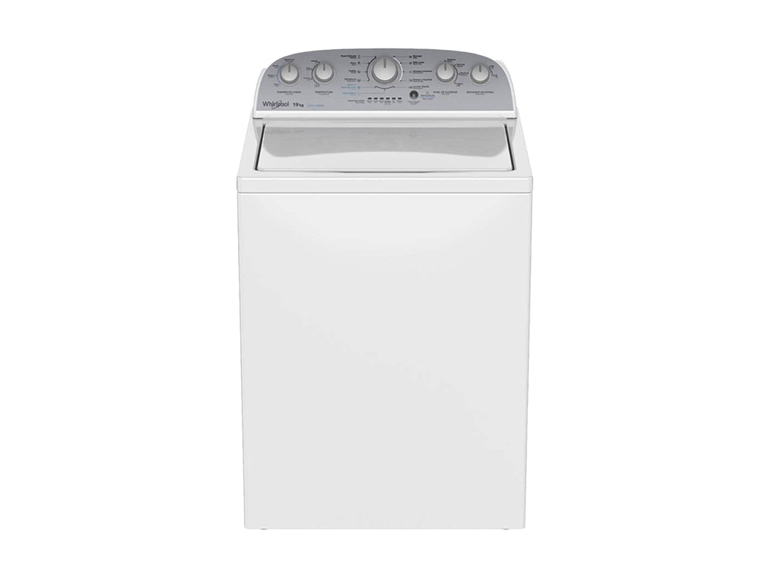 Lavadora Whirlpool blanca de carga superior con agitador y panel de control manual en la parte superior.