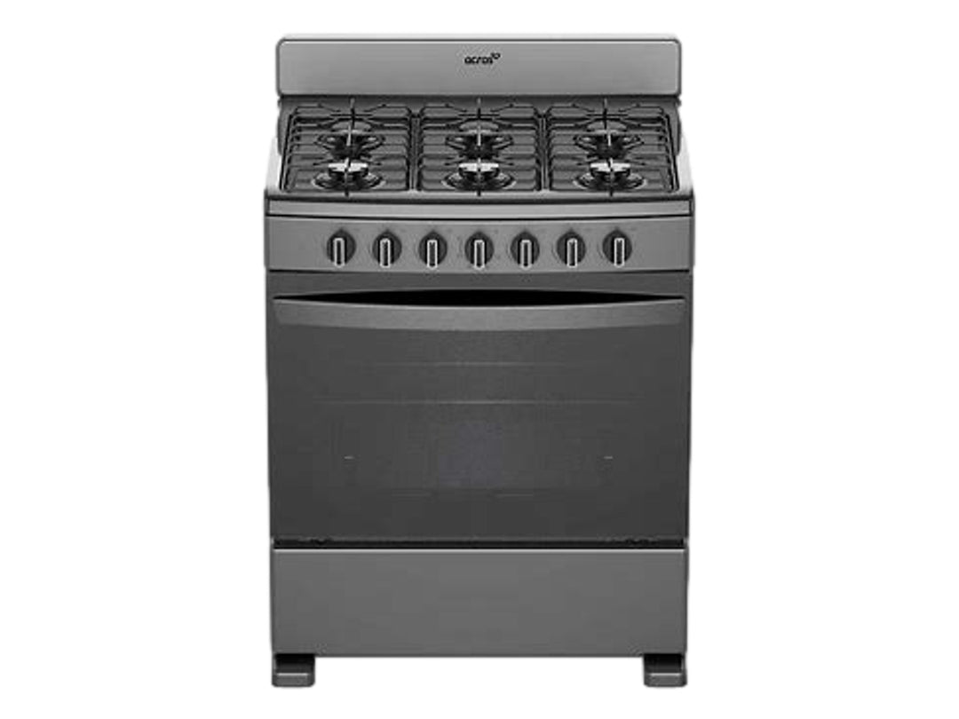 Estufa de piso ACROS color negro con cuatro quemadores y horno integrado.