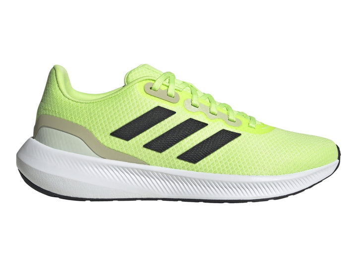 Tenis deportivos Adidas Runfalcon 2.0 color verde neón con franjas negras y suela blanca.