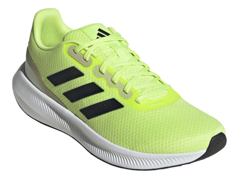 Tenis deportivos Adidas Runfalcon 2.0 color verde neón con franjas negras y suela blanca.