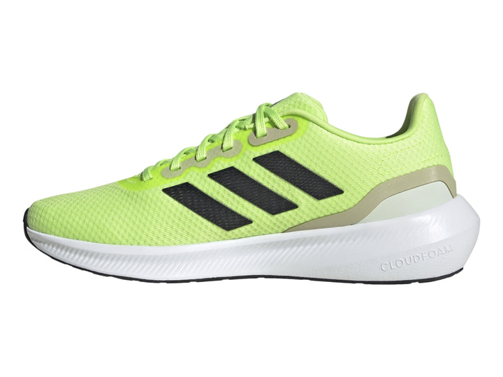 Tenis deportivos Adidas Runfalcon 2.0 color verde neón con franjas negras y suela blanca.