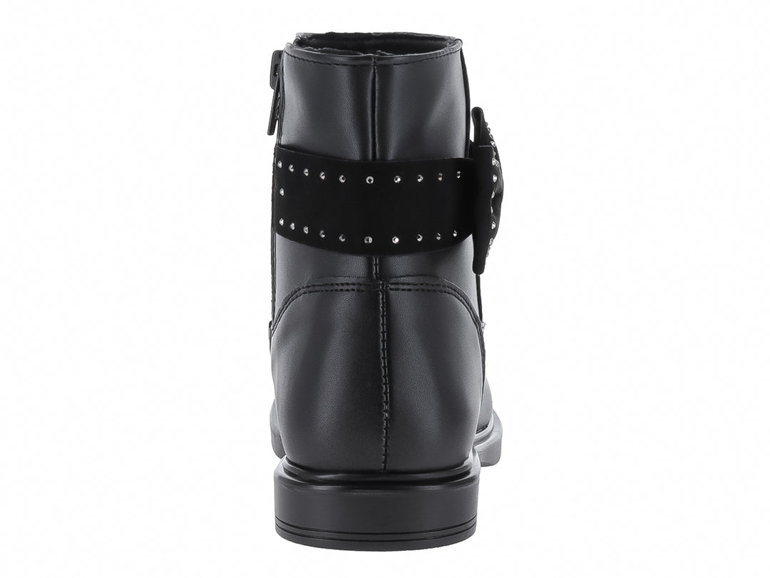 Bota corta color negro para niña con detalle de moño y pequeños estoperoles.