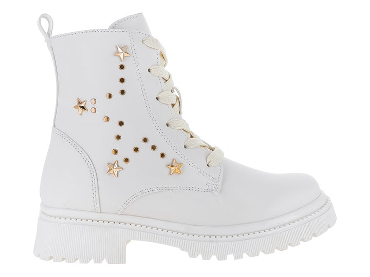 Botas blancas para niña con detalles de estrellas doradas y suela blanca dentada.