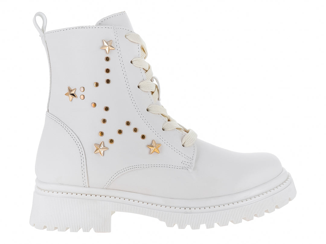 Botas blancas para niña con detalles de estrellas doradas y suela blanca dentada.