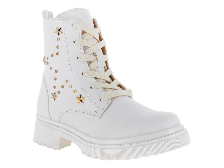 Botas blancas para niña con detalles de estrellas doradas y suela blanca dentada.