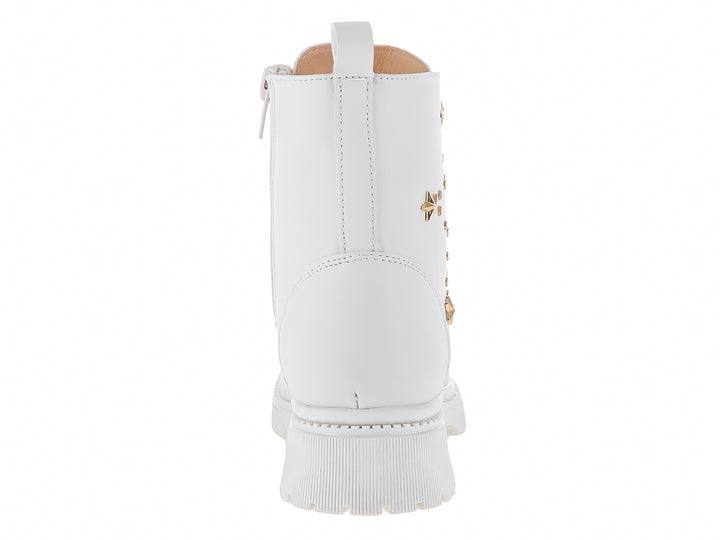 Botas blancas para niña con detalles de estrellas doradas y suela blanca dentada.