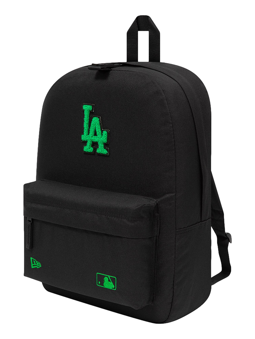 Mochila negra New Era con logotipo de los Dodgers de Los Ángeles en color verde brillante y bolsillo frontal.
