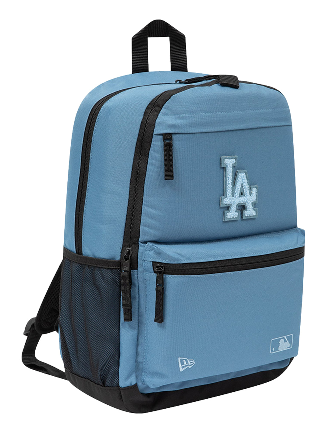 Mochila azul New Era con logo de Los Angeles Dodgers y detalles en color negro.