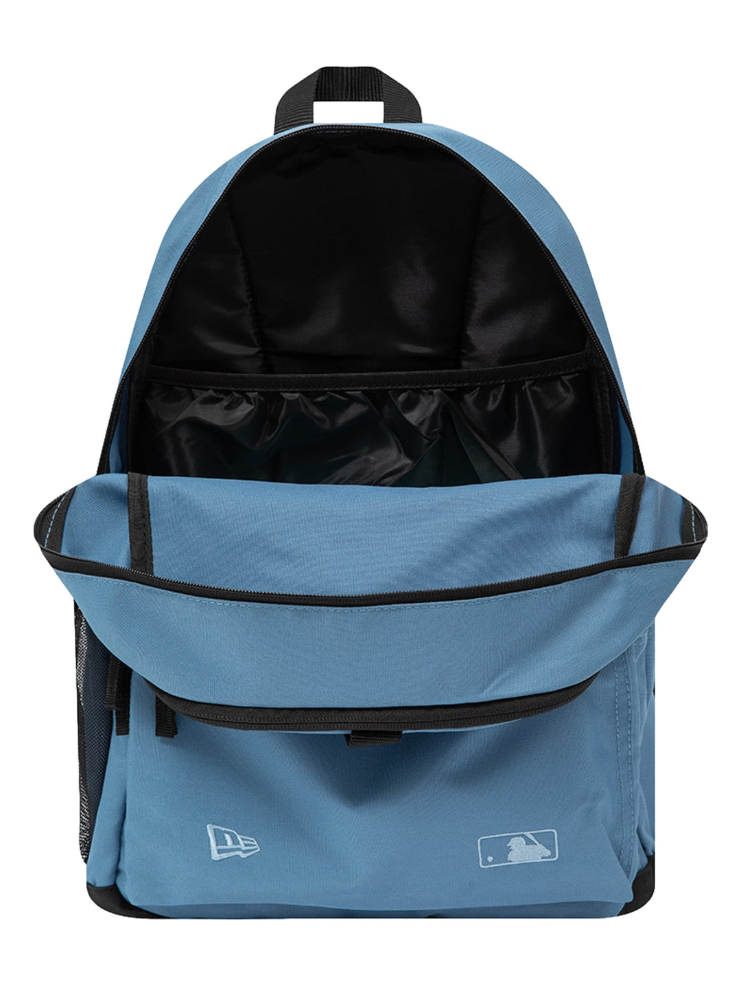 Mochila azul New Era con logo de Los Angeles Dodgers y detalles en color negro.