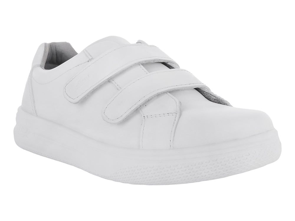 Zapato Flexi blanco para niño o niña con cierre de dos correas de velcro y suela blanca.