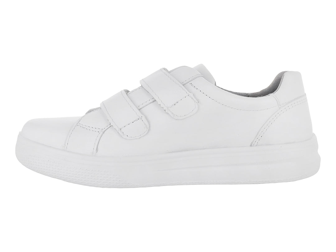 Zapato Flexi blanco para niño o niña con cierre de dos correas de velcro y suela blanca.