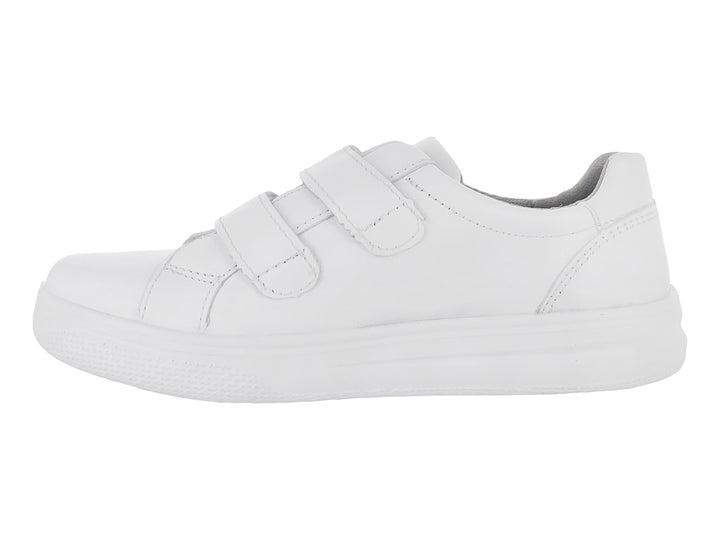 Zapato Flexi blanco para niño o niña con cierre de dos correas de velcro y suela blanca.