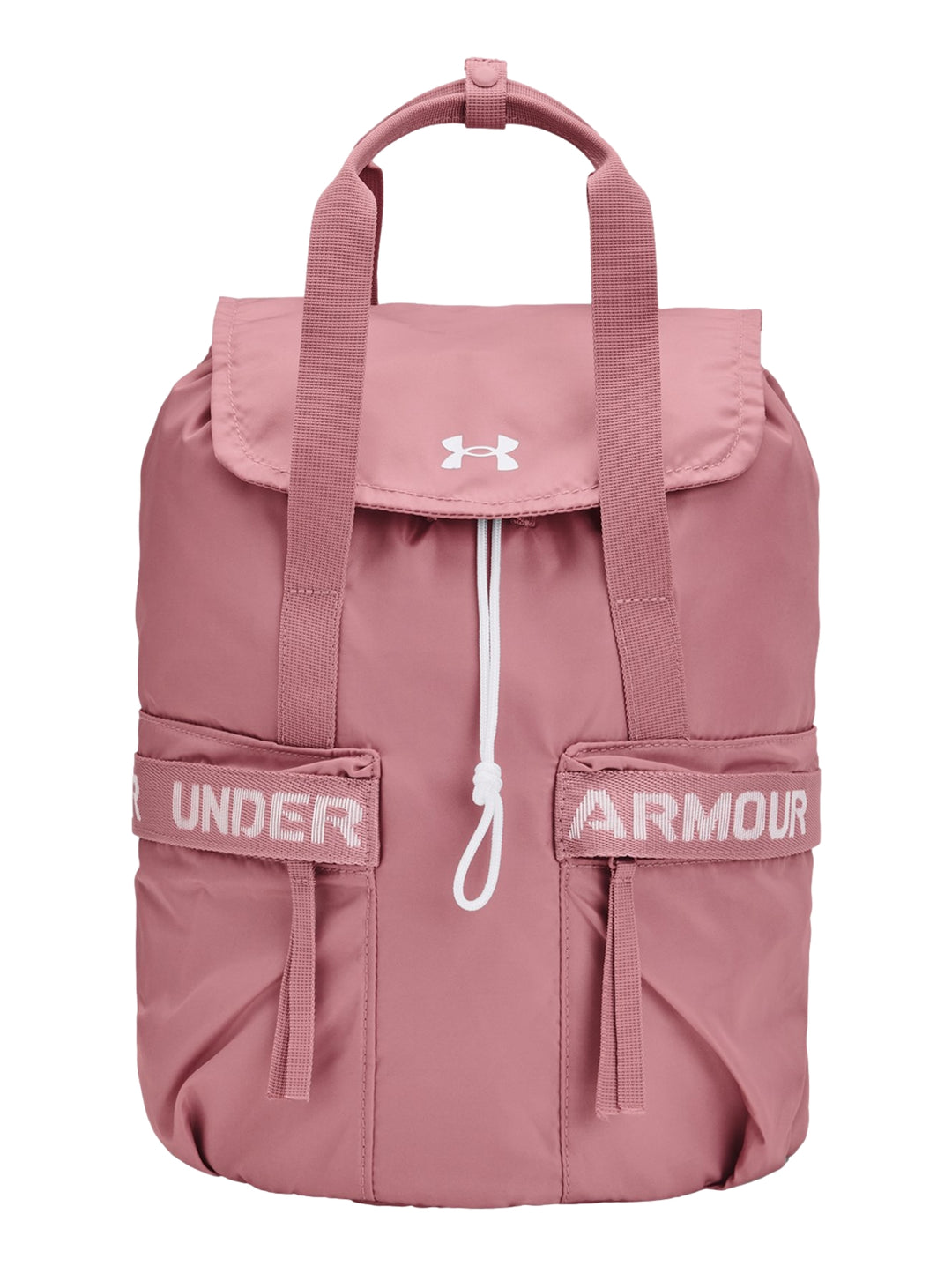 Mochila Under Armour de color rosa con detalles en blanco y bolsillos frontales.