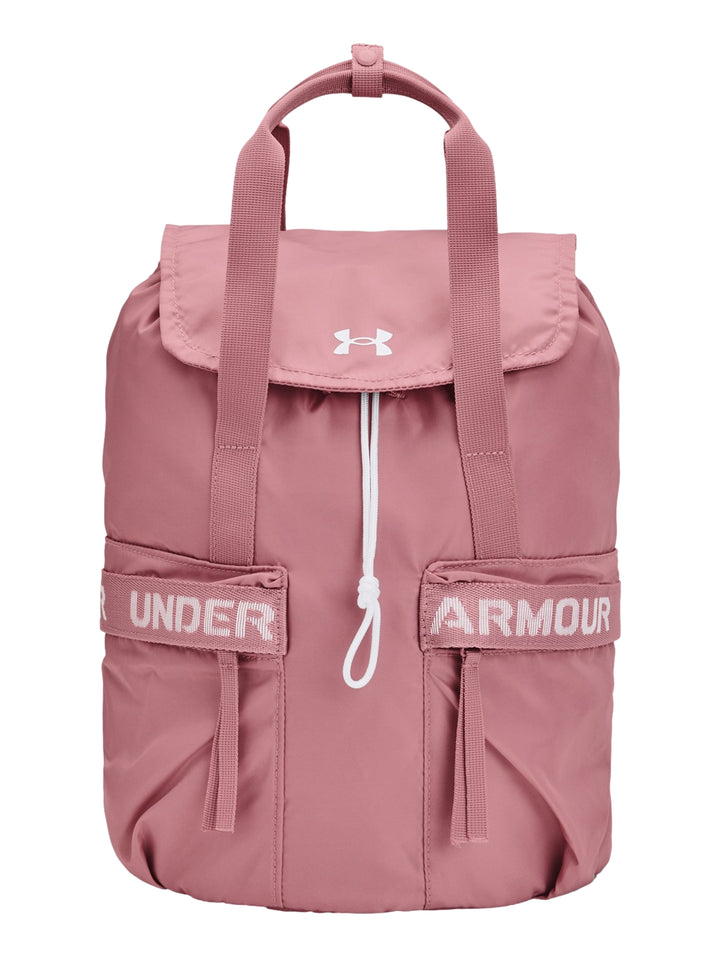 Mochila Under Armour de color rosa con detalles en blanco y bolsillos frontales.