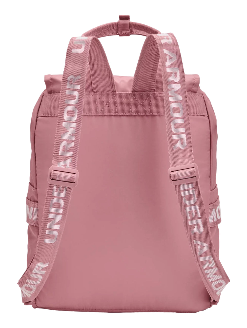 Mochila Under Armour de color rosa con detalles en blanco y bolsillos frontales.
