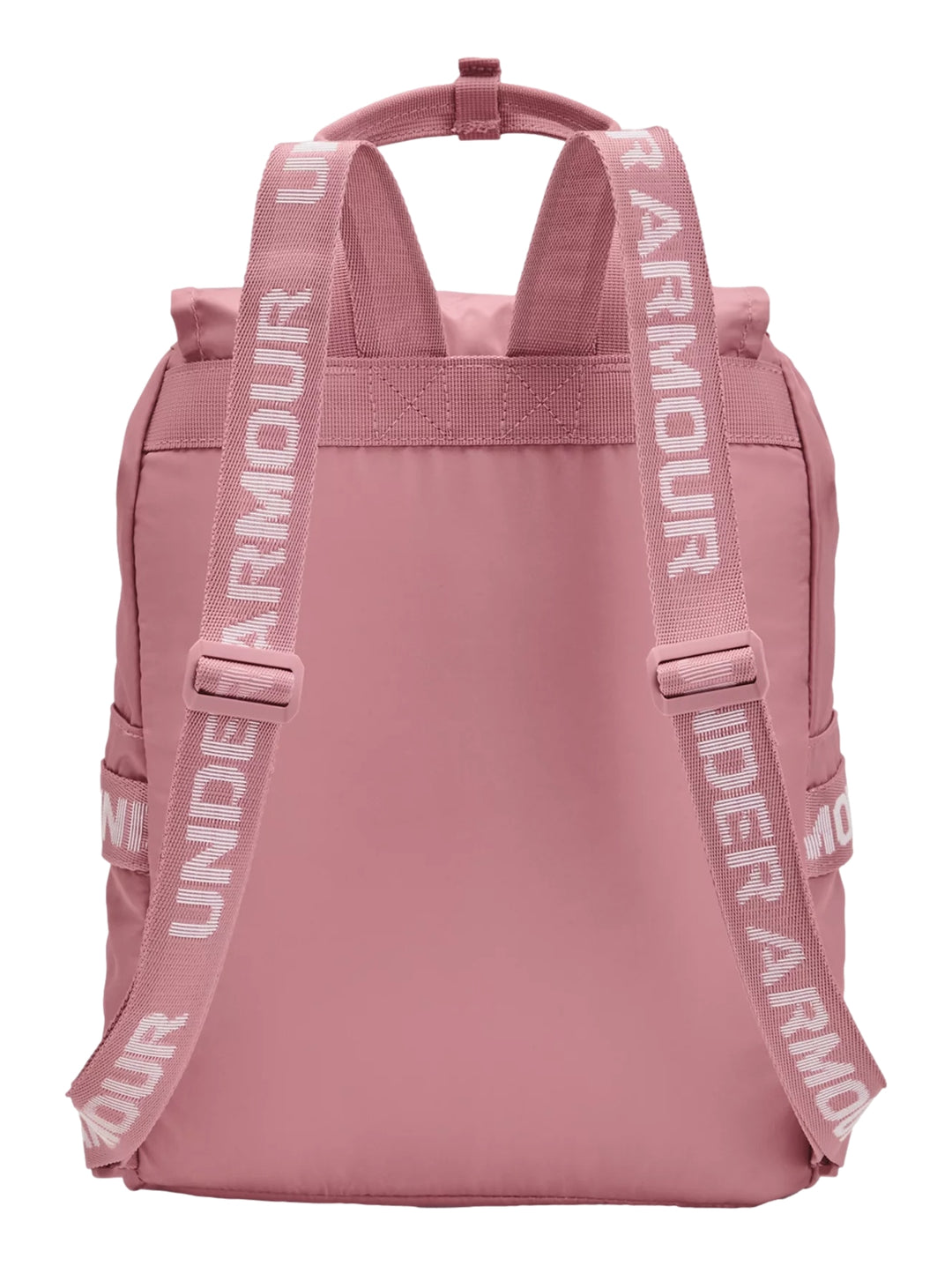 Mochila Under Armour de color rosa con detalles en blanco y bolsillos frontales.